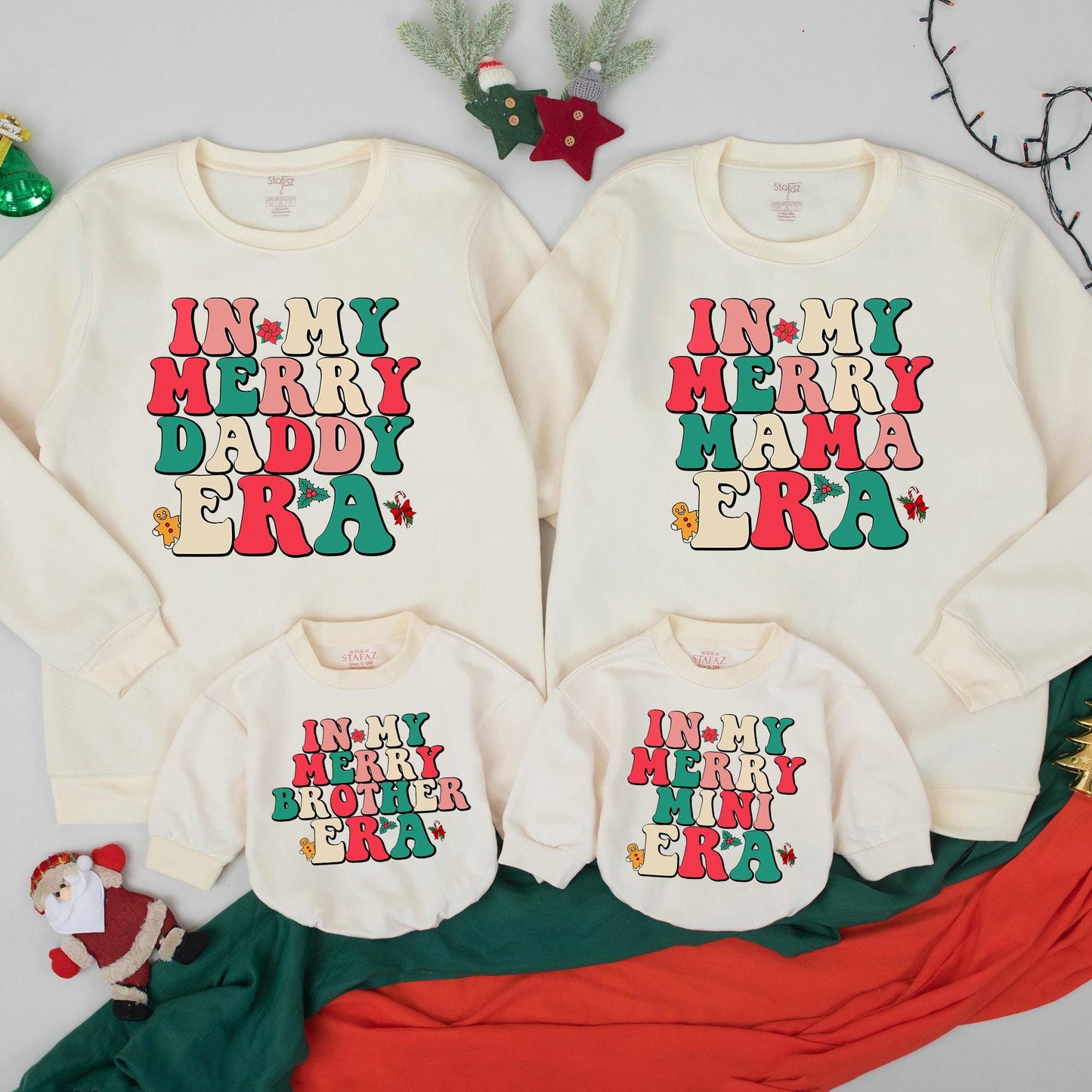 Retro Merry Christmas Sweatshirt for Mama and Mini Matching Family Outfits Vintage Christmas Vibes Red Green Pink Beige Custom Holiday Gift