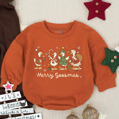Merry Goosmas Baby Romper: Funny Goose Christmas Outfit for Infant, Toddler Holiday Clothes & Gift, Cute Vintage Design