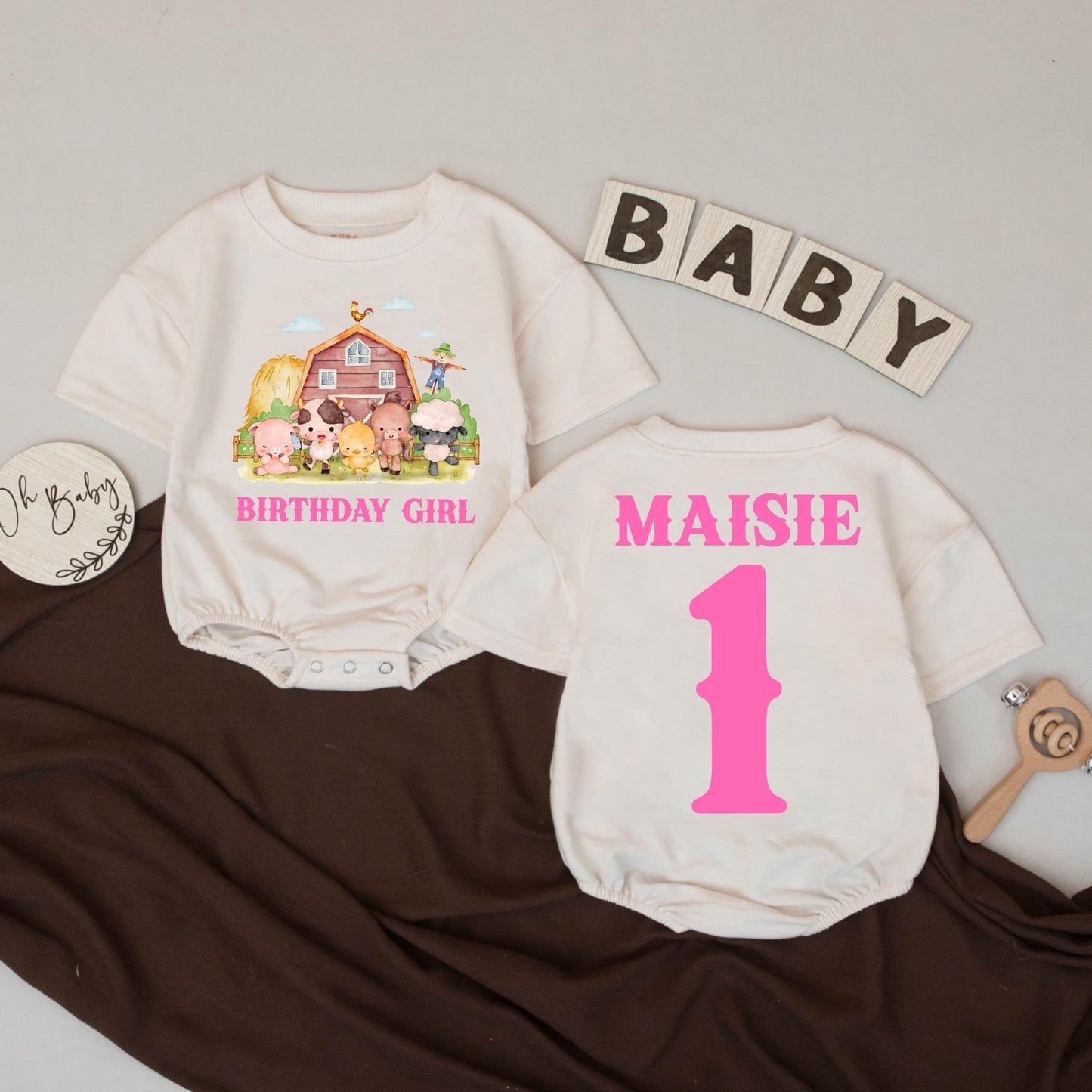 Farm Birthday Girl Bubble Romper Custom Name 1st Birthday Outfit Pink Barnyard Animal Theme Personalized Baby Girl Gift