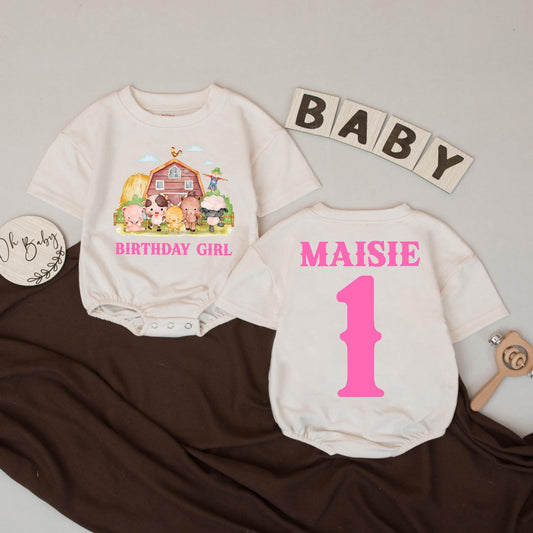Farm Birthday Girl Bubble Romper Custom Name 1st Birthday Outfit Pink Barnyard Animal Theme Personalized Baby Girl Gift