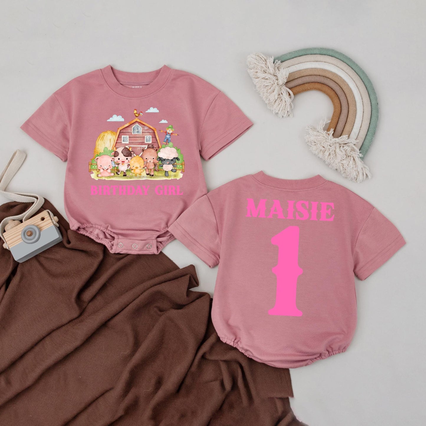 Farm Birthday Girl Bubble Romper Custom Name 1st Birthday Outfit Pink Barnyard Animal Theme Personalized Baby Girl Gift