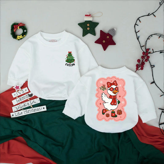 Personalized Evelyn Christmas Tree Romper Funny Goose Toddler Sweatshirt Baby Shower Gift Cute Cartoon Holiday Outfit Boy Girl Clothes