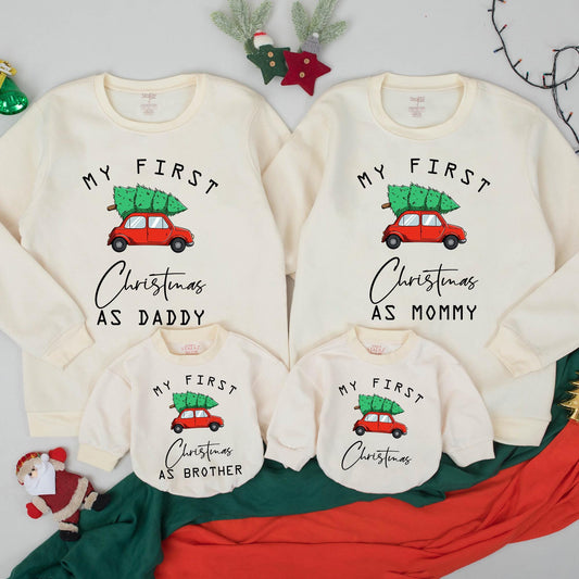 My First Christmas Baby Sweatshirt Cute Red Car Green Tree Family Holiday Outfit Toddler Infant Boy Girl Matching Tops Cozy Festive Gift
