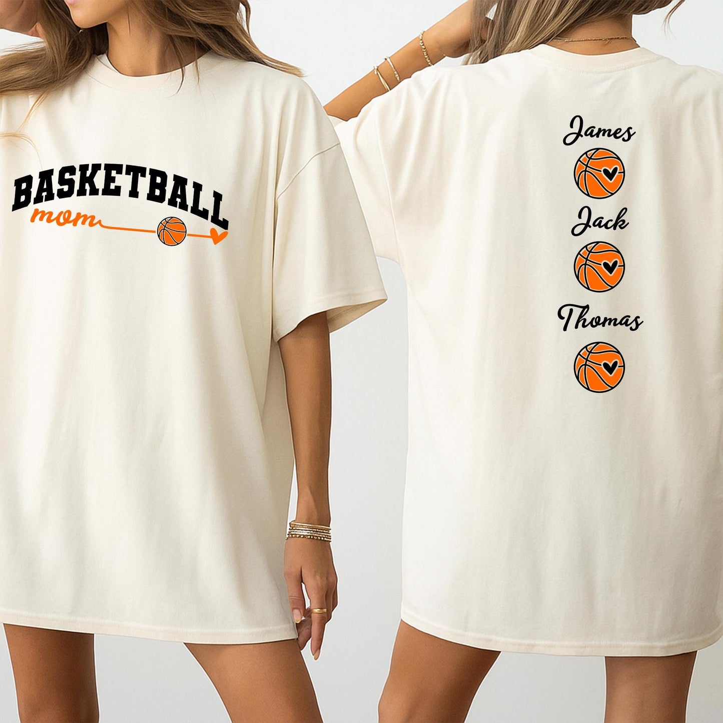 Custom Basketball Mom Shirt with Kids Names Game Day Personalized Tee Proud Mama Sporty Design