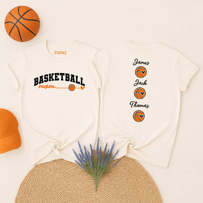 Custom Basketball Mom Shirt with Kids Names Game Day Personalized Tee Proud Mama Sporty Design