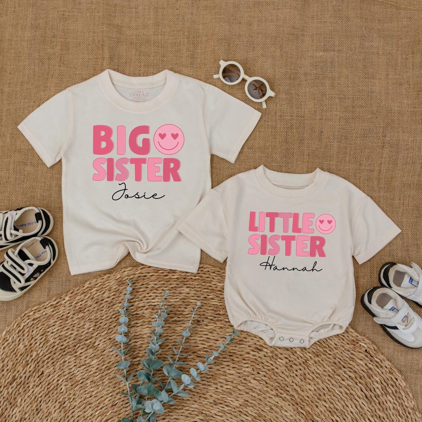 Matching Big Sister, Middle Sister, Little Sister Shirts & Romper Set, Custom Names, Pink Heart Eyes Design, Baby Girl Announcement