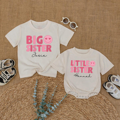 Matching Big Sister, Middle Sister, Little Sister Shirts & Romper Set, Custom Names, Pink Heart Eyes Design, Baby Girl Announcement