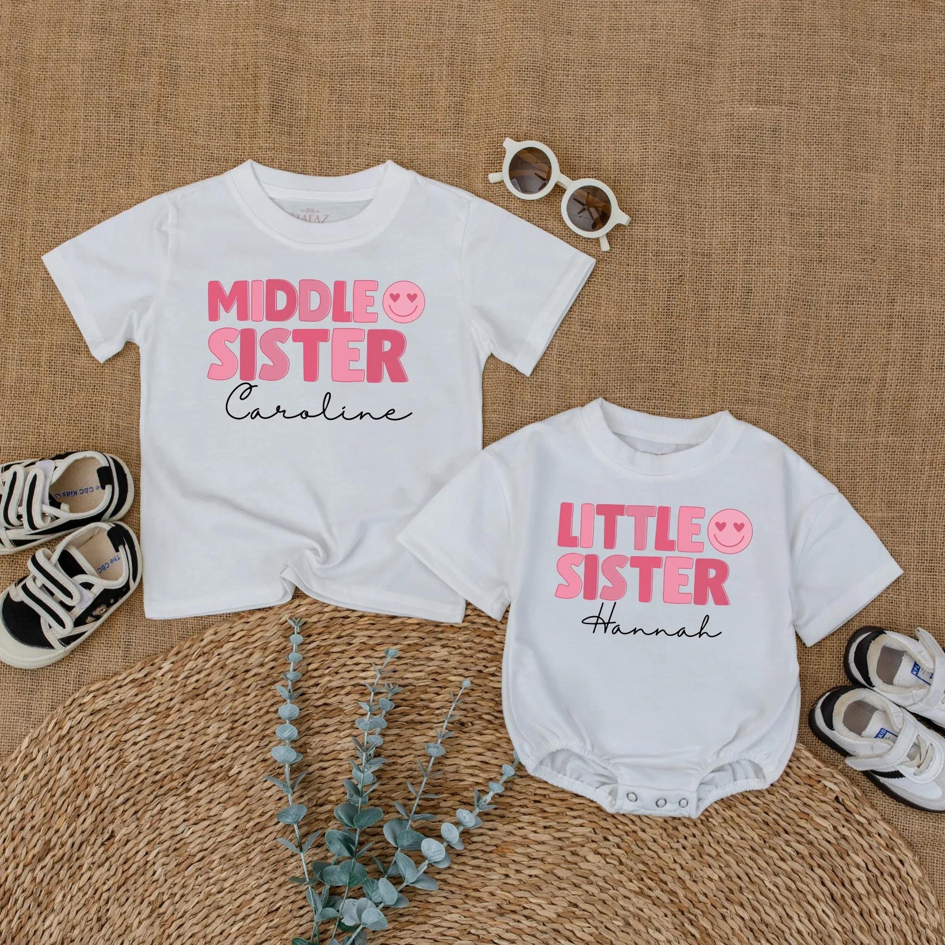 Matching Big Sister, Middle Sister, Little Sister Shirts & Romper Set, Custom Names, Pink Heart Eyes Design, Baby Girl Announcement