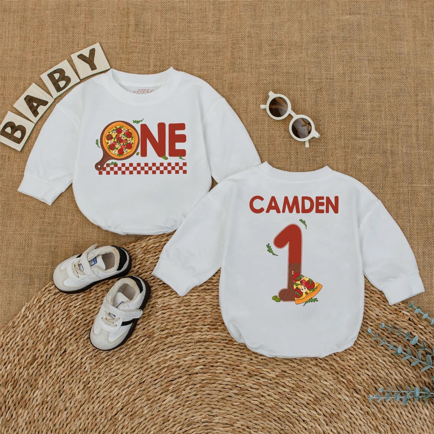 Personalized Pizza First Birthday Baby Romper Cake Smash Outfit with Pizza 'ONE' Design Red Checkered Pattern Fun 1st Birthday Clothes Gift