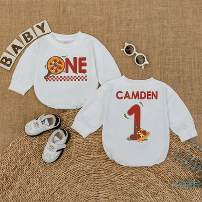 Personalized Pizza First Birthday Baby Romper Cake Smash Outfit with Pizza 'ONE' Design Red Checkered Pattern Fun 1st Birthday Clothes Gift