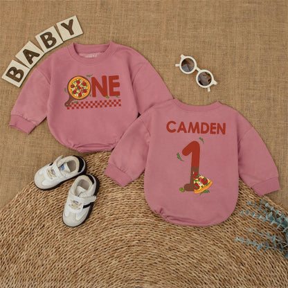 Personalized Pizza First Birthday Baby Romper Cake Smash Outfit with Pizza 'ONE' Design Red Checkered Pattern Fun 1st Birthday Clothes Gift