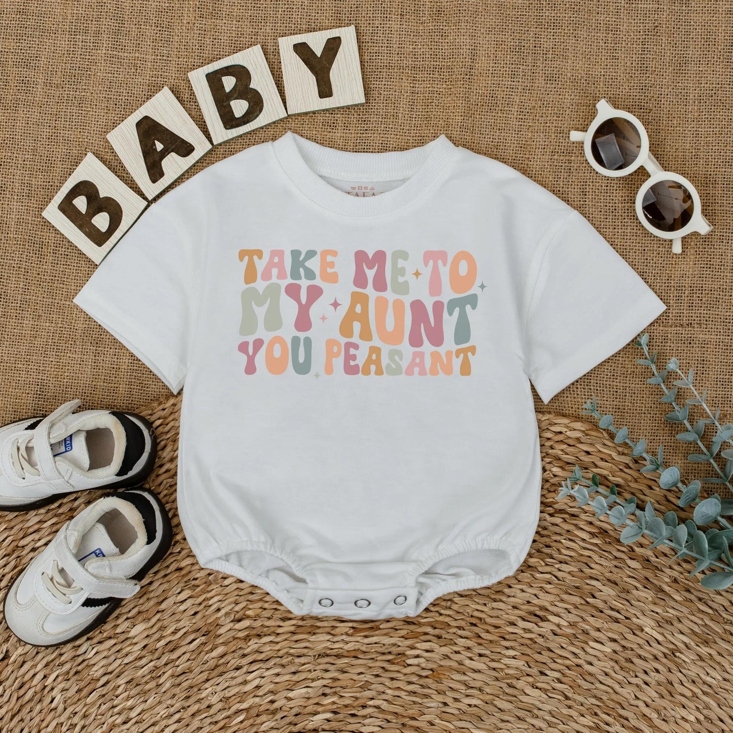 Take Me To My Aunt Romper, You Peasant Bodysuit, Retro Baby Outfit, Funny Auntie Gift, I Love My Aunt, Cute Baby Shower Gift, Pastel Star Design 139
