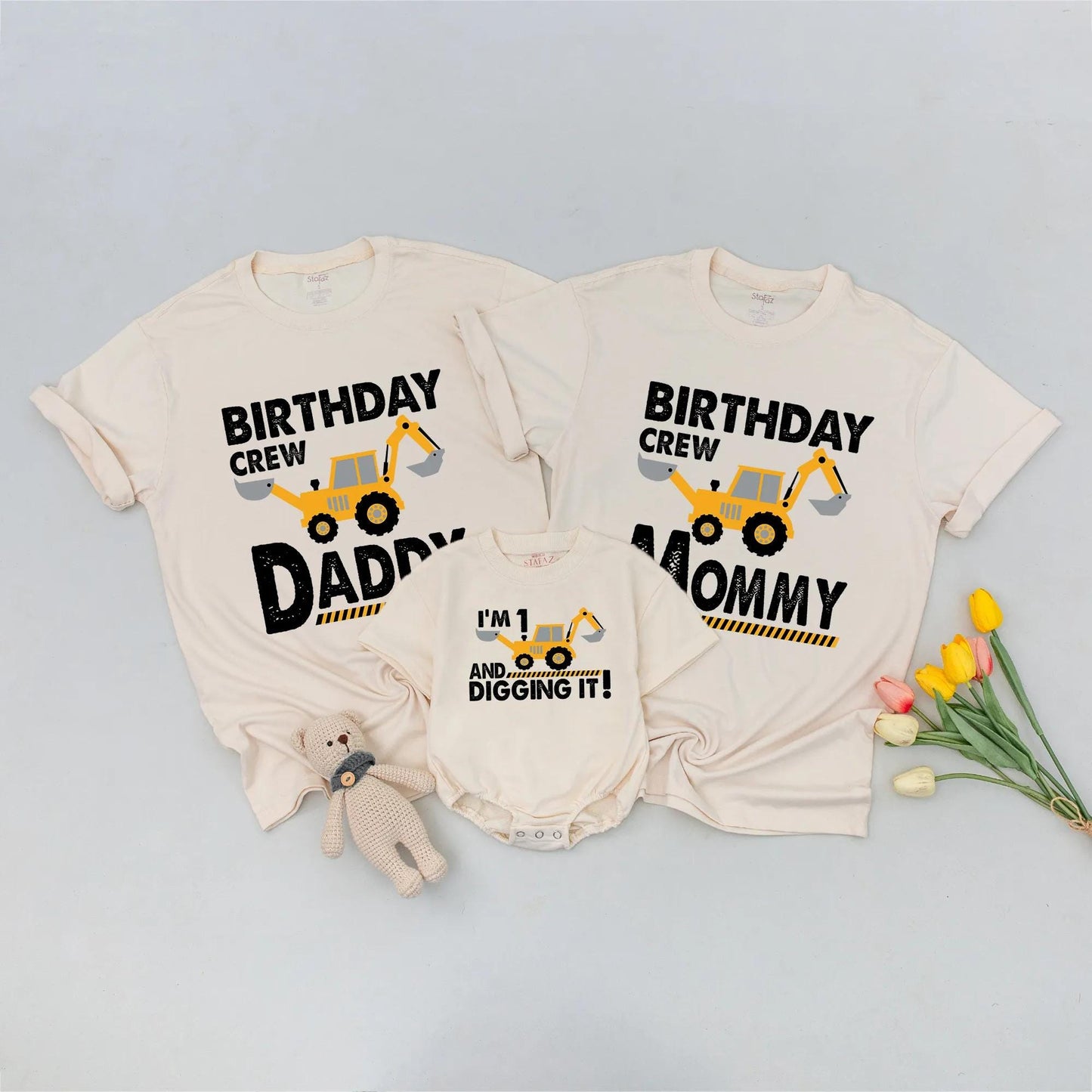 Personalized Matching Family Construction Birthday Crew Shirt featuring a yellow excavator design for Mommy Daddy Sister Brother Toddler Boy soft cotton tee