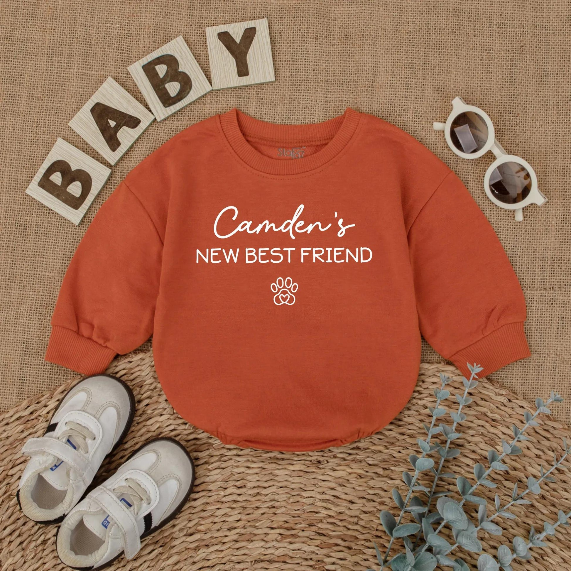 Camden's New Best Friend Baby Romper Cute Dog Lover Outfit Pregnancy Announcement Newborn Custom Pet Name Gift 136
