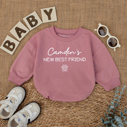 Camden's New Best Friend Baby Romper Cute Dog Lover Outfit Pregnancy Announcement Newborn Custom Pet Name Gift 136