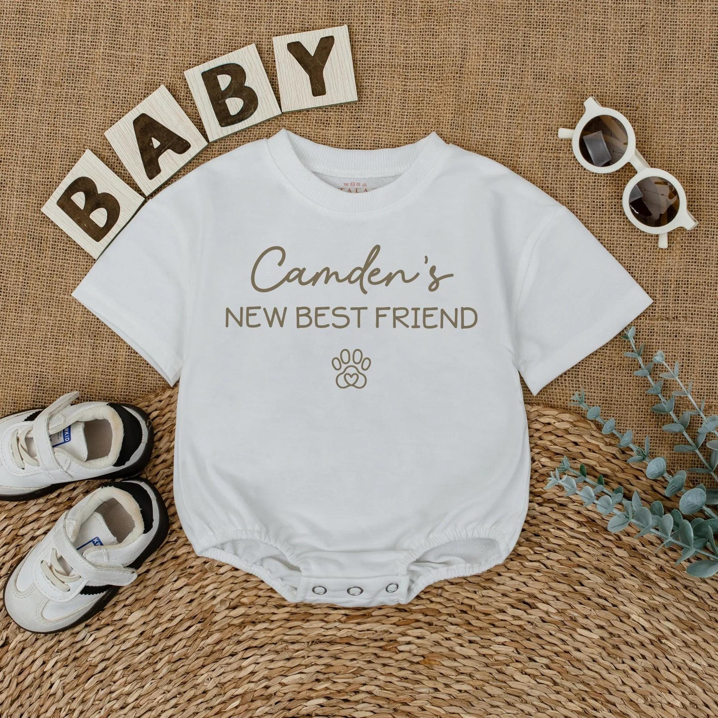 Camden's New Best Friend Baby Romper Cute Dog Lover Outfit Pregnancy Announcement Newborn Custom Pet Name Gift 136