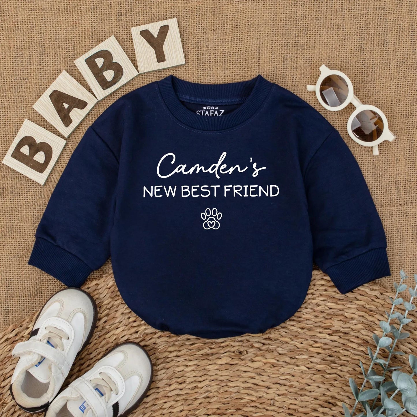 Camden's New Best Friend Baby Romper Cute Dog Lover Outfit Pregnancy Announcement Newborn Custom Pet Name Gift 136