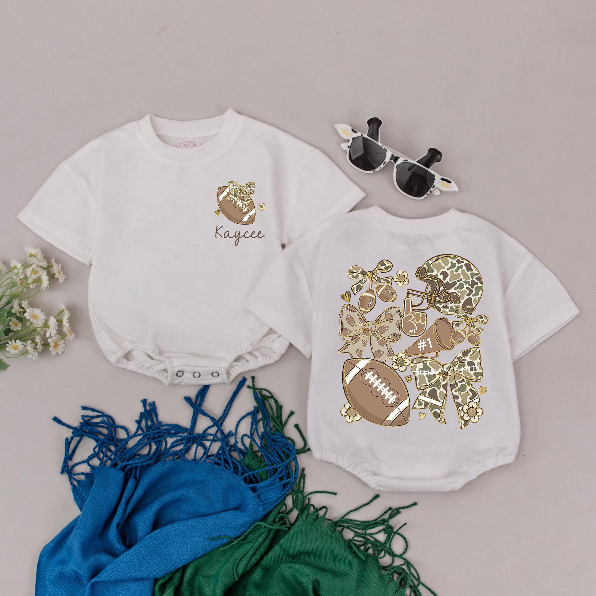 Personalized Camo Football Romper for Baby Girl, Game Day Outfit, Custom Name Football Season Gift, Baby Shower, Newborn Clothes