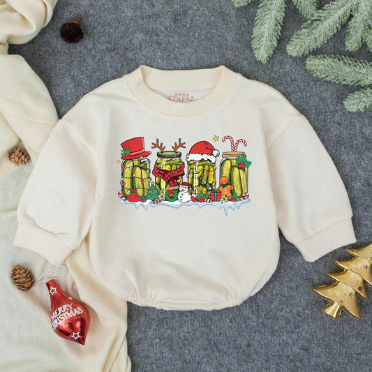 Merry Pickle Christmas Baby Bubble Romper First Christmas Infant Outfit Whimsical Holiday Toddler Farm Clothes Snowman Gingerbread Tree Gift