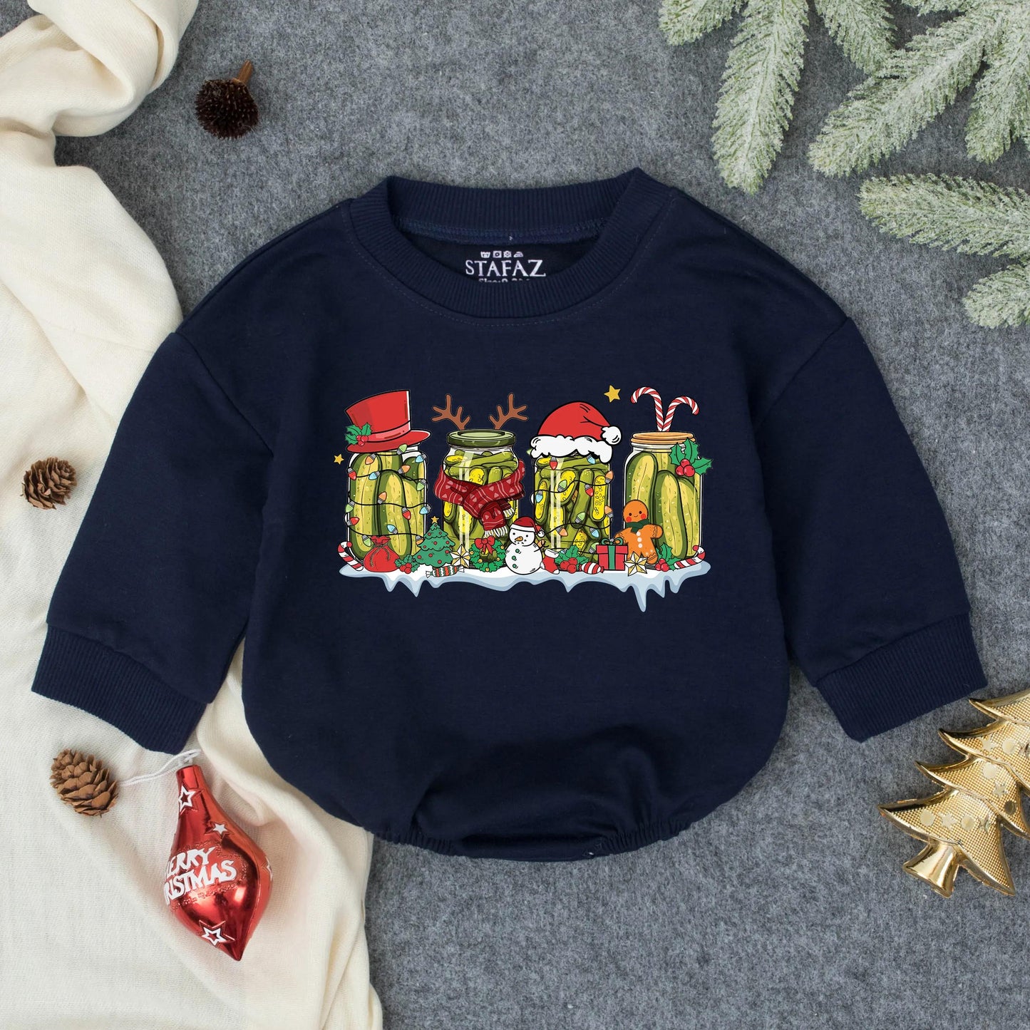 Merry Pickle Christmas Baby Bubble Romper First Christmas Infant Outfit Whimsical Holiday Toddler Farm Clothes Snowman Gingerbread Tree Gift