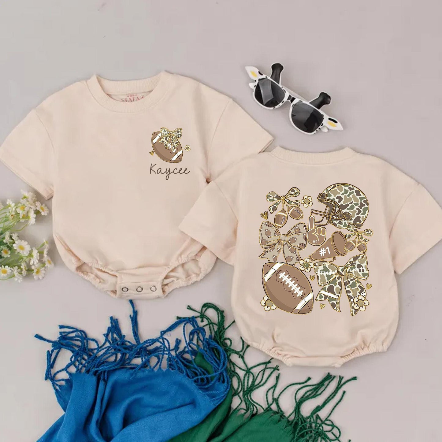 Personalized Camo Football Romper for Baby Girl, Game Day Outfit, Custom Name Football Season Gift, Baby Shower, Newborn Clothes