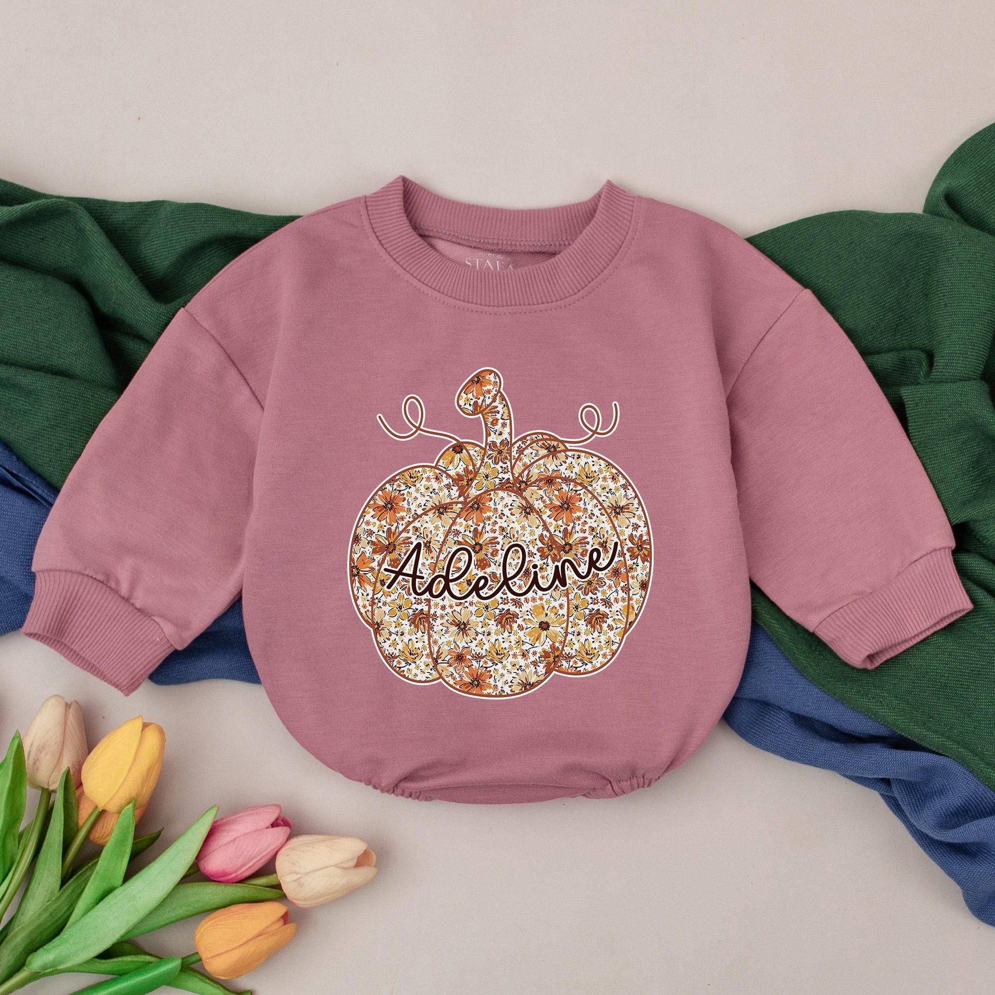 Personalized Adeline Floral Pumpkin Baby Girl Romper Fall Thanksgiving Outfit Whimsical Toddler Bodysuit Chinoiserie Theme Baby Shower Gift