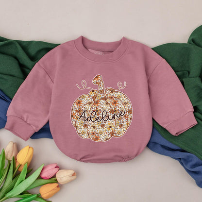 Personalized Adeline Floral Pumpkin Baby Girl Romper Fall Thanksgiving Outfit Whimsical Toddler Bodysuit Chinoiserie Theme Baby Shower Gift