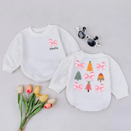 Cute Amelia Pink Bow Santa Hat Christmas Romper for Baby Girl First Holiday Outfit Toddler Custom Name Gift Fun Orange Green Trees