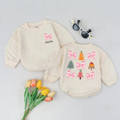 Cute Amelia Pink Bow Santa Hat Christmas Romper for Baby Girl First Holiday Outfit Toddler Custom Name Gift Fun Orange Green Trees