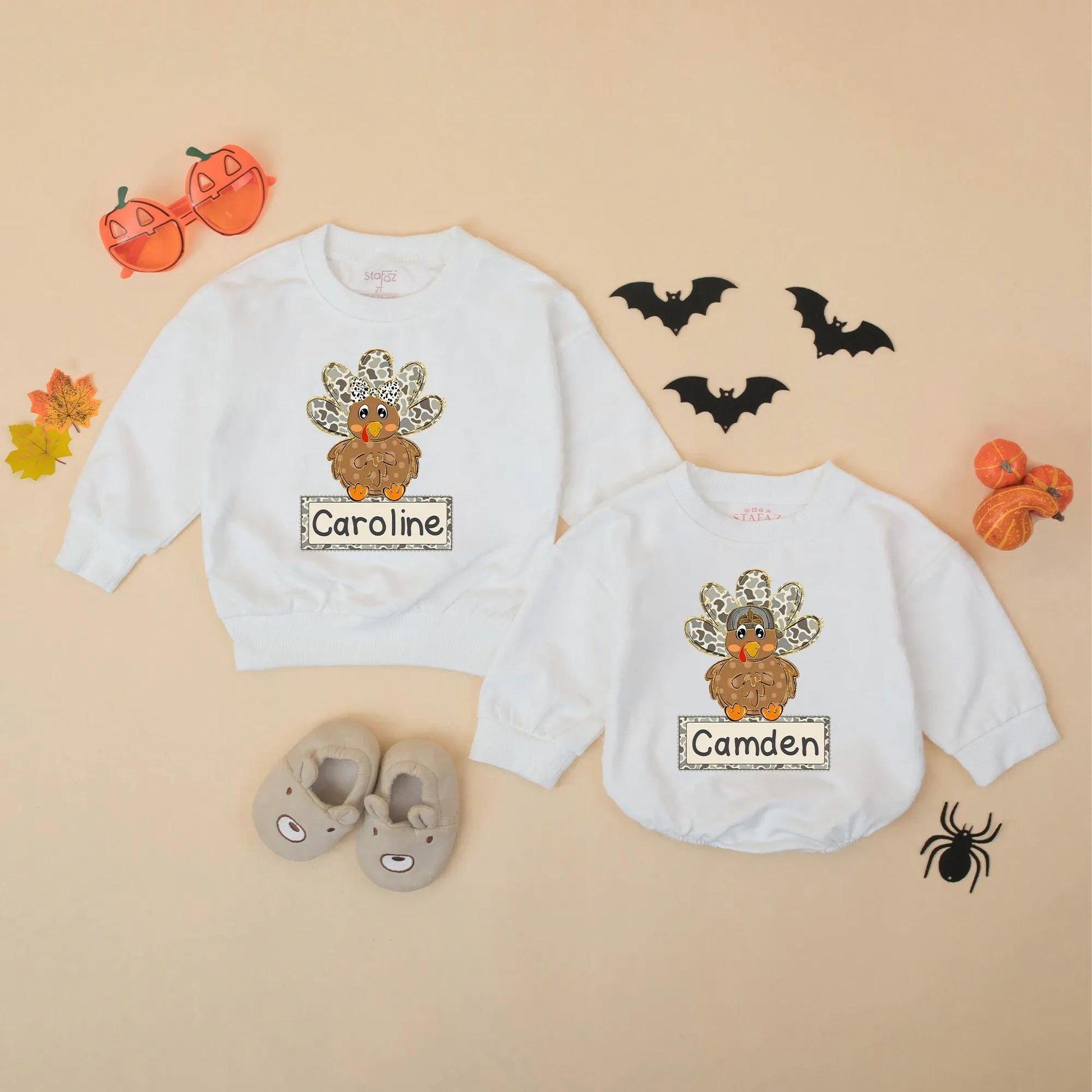 Camo Turkey Matching Sweatshirt Romper Thanksgiving Outfit, Personalized Fall Baby Clothes, First Thanksgiving Gift Boy or Girl, Cute Thanksgiving Outfit 