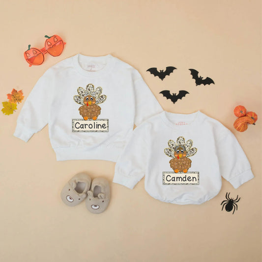 Camo Turkey Matching Sweatshirt Romper Thanksgiving Outfit, Personalized Fall Baby Clothes, First Thanksgiving Gift Boy or Girl, Cute Thanksgiving Outfit 