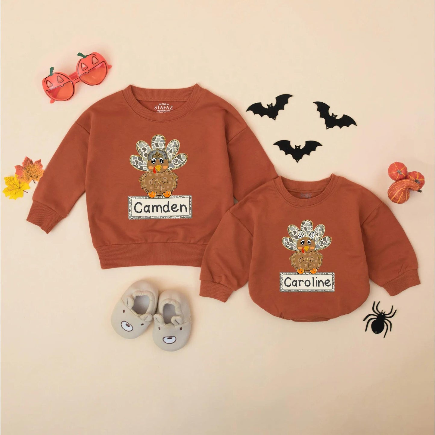 Camo Turkey Matching Sweatshirt Romper Thanksgiving Outfit, Personalized Fall Baby Clothes, First Thanksgiving Gift Boy or Girl, Cute Thanksgiving Outfit 