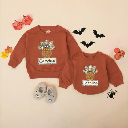 Camo Turkey Matching Sweatshirt Romper Thanksgiving Outfit, Personalized Fall Baby Clothes, First Thanksgiving Gift Boy or Girl, Cute Thanksgiving Outfit 