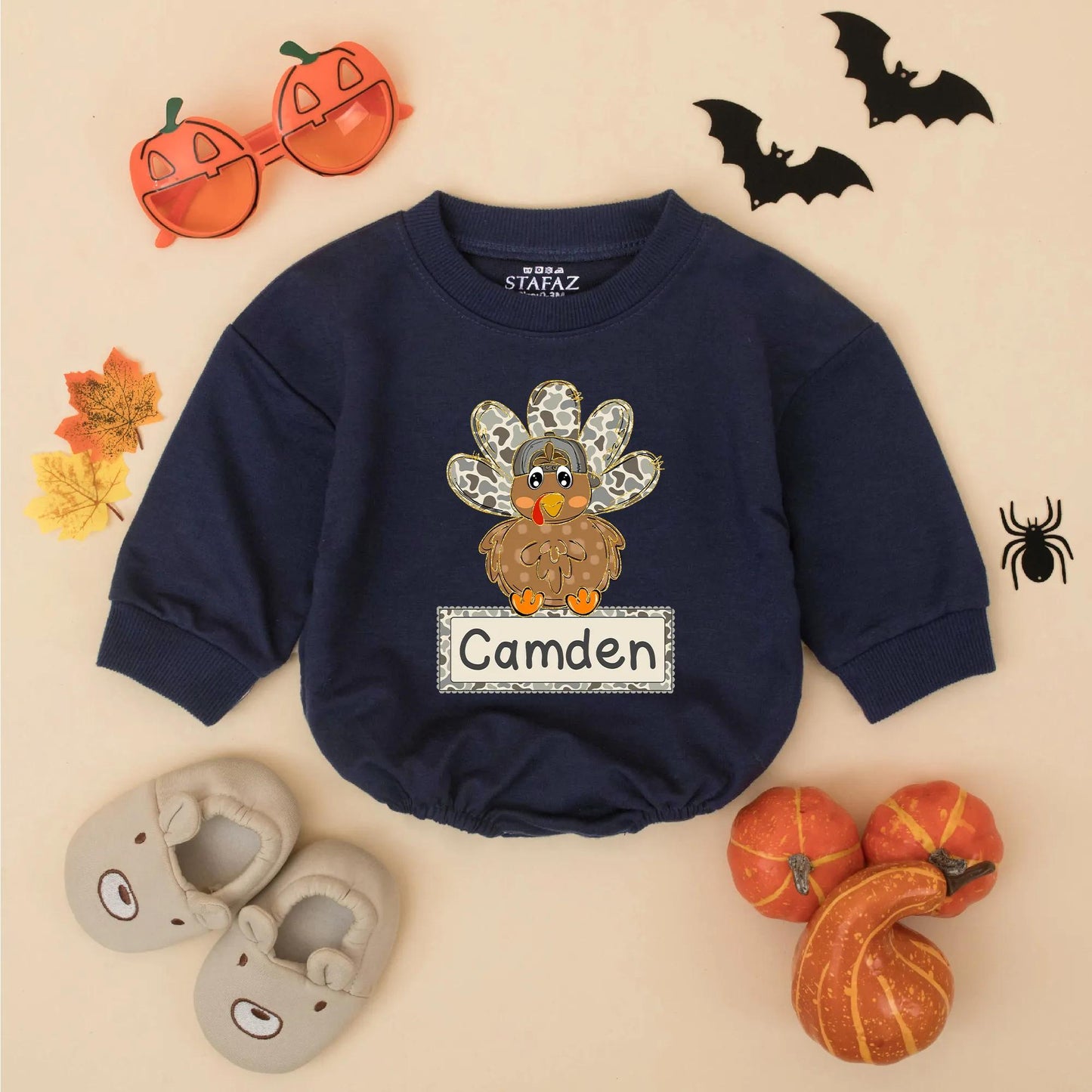 Camo Turkey Matching Sweatshirt Romper Thanksgiving Outfit, Personalized Fall Baby Clothes, First Thanksgiving Gift Boy or Girl, Cute Thanksgiving Outfit 