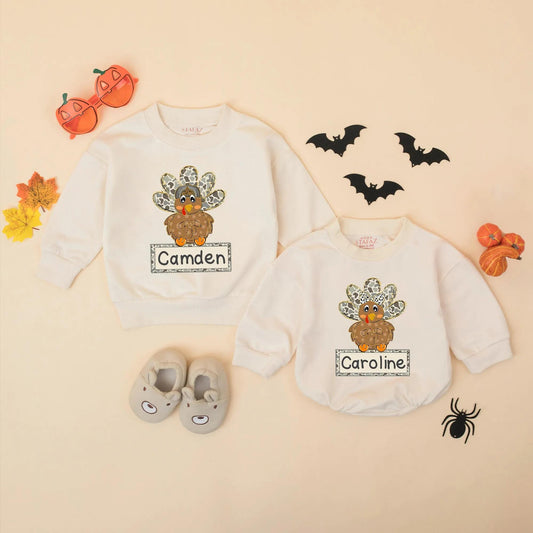 Camo Turkey Matching Sweatshirt Romper Thanksgiving Outfit, Personalized Fall Baby Clothes, First Thanksgiving Gift Boy or Girl, Cute Thanksgiving Outfit 
