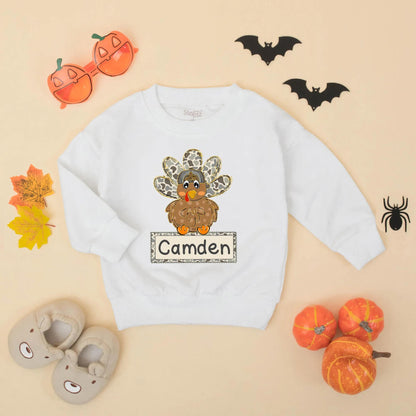 Camo Turkey Matching Sweatshirt Romper Thanksgiving Outfit, Personalized Fall Baby Clothes, First Thanksgiving Gift Boy or Girl, Cute Thanksgiving Outfit 
