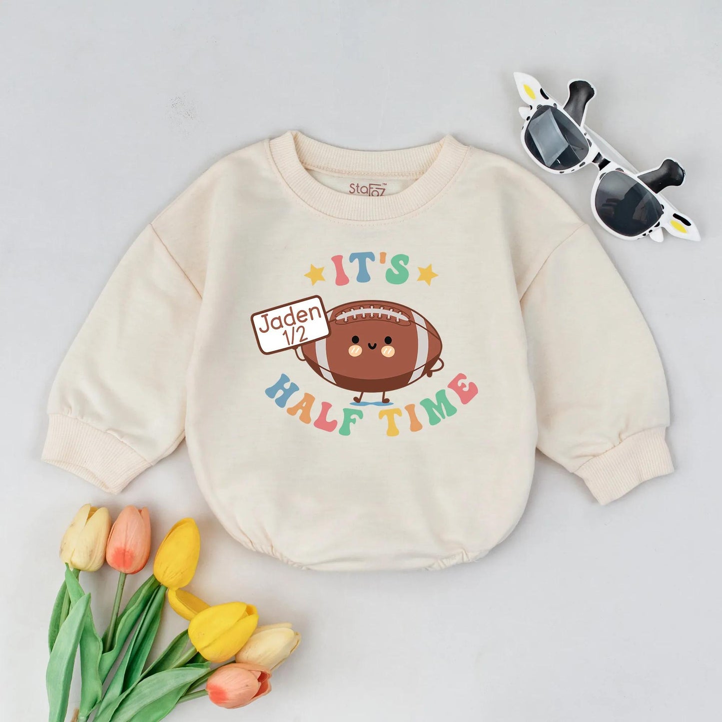 Personalized Football Half Birthday Romper It's Half Time Baby Outfit Smiling Cartoon Football Pastel Rainbow Design 6 Month Gift