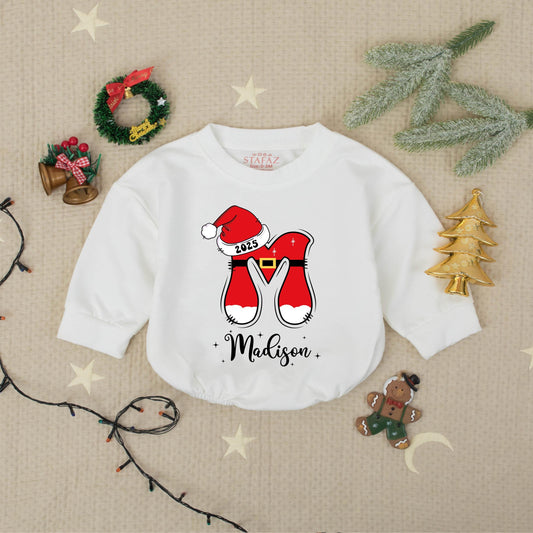 Madison's First Christmas 2025 Romper, Custom Santa Legs Holiday Outfit, Festive Xmas Babysuit, Personalized Baby Shower Gift, Cheerful Toddler Clothes