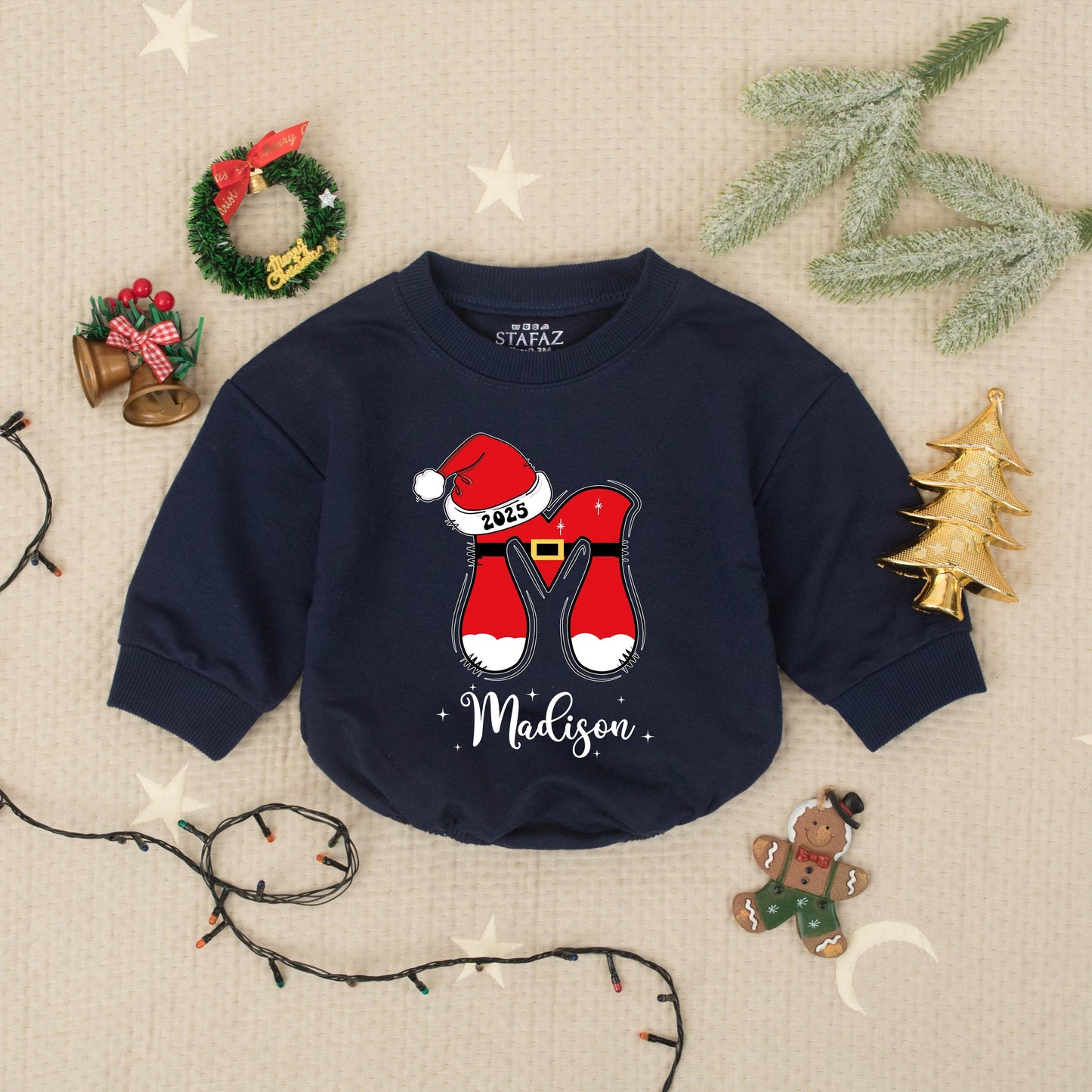 Madison's First Christmas 2025 Romper, Custom Santa Legs Holiday Outfit, Festive Xmas Babysuit, Personalized Baby Shower Gift, Cheerful Toddler Clothes