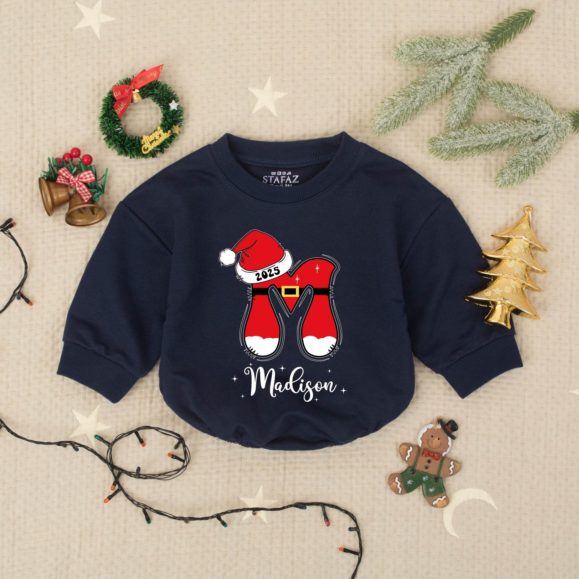 Madison's First Christmas 2025 Romper, Custom Santa Legs Holiday Outfit, Festive Xmas Babysuit, Personalized Baby Shower Gift, Cheerful Toddler Clothes