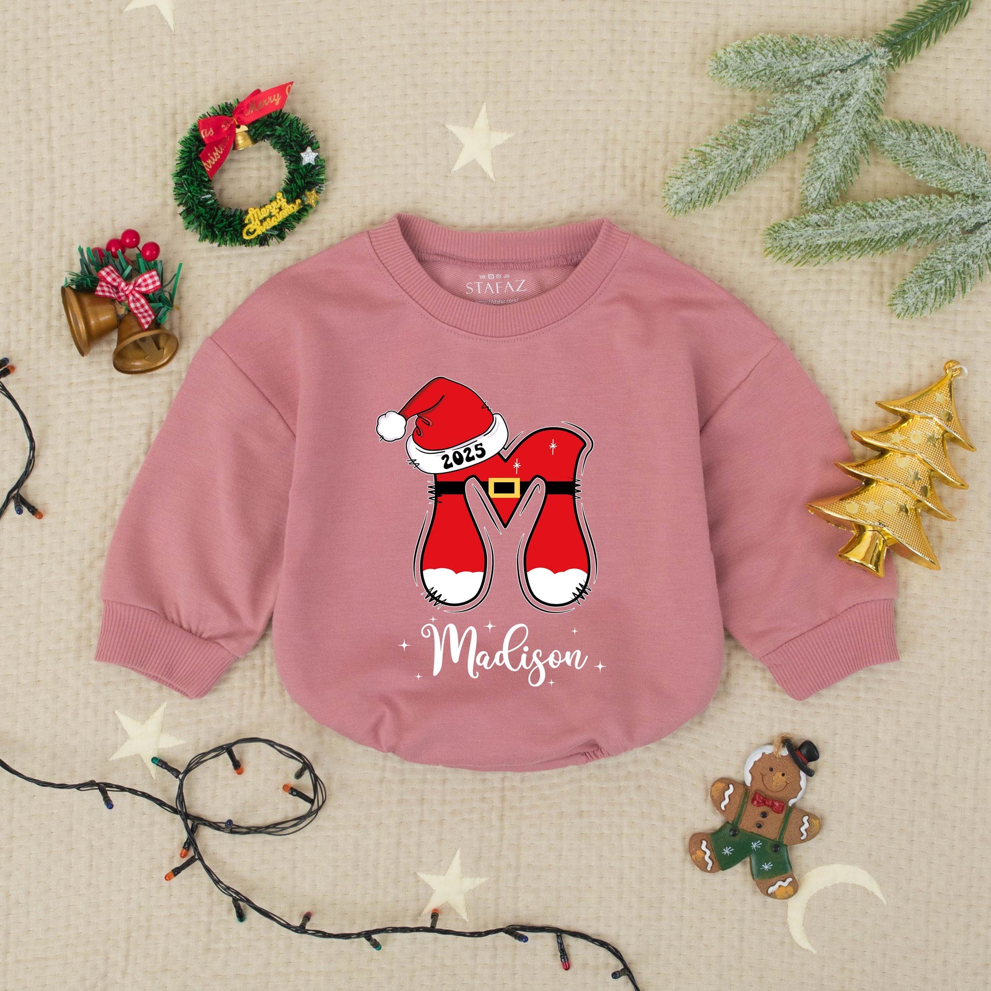 Madison's First Christmas 2025 Romper, Custom Santa Legs Holiday Outfit, Festive Xmas Babysuit, Personalized Baby Shower Gift, Cheerful Toddler Clothes