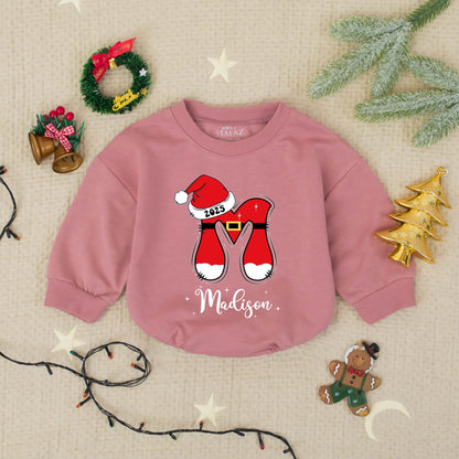 Madison's First Christmas 2025 Romper, Custom Santa Legs Holiday Outfit, Festive Xmas Babysuit, Personalized Baby Shower Gift, Cheerful Toddler Clothes