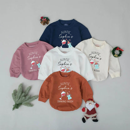 Auntie's Drinking Buddy Romper for Baby Girl, Custom Aunt Announcement Bodysuit Gift, Funny Newborn Outfit with Wine Glass, Hearts & Bottle Design