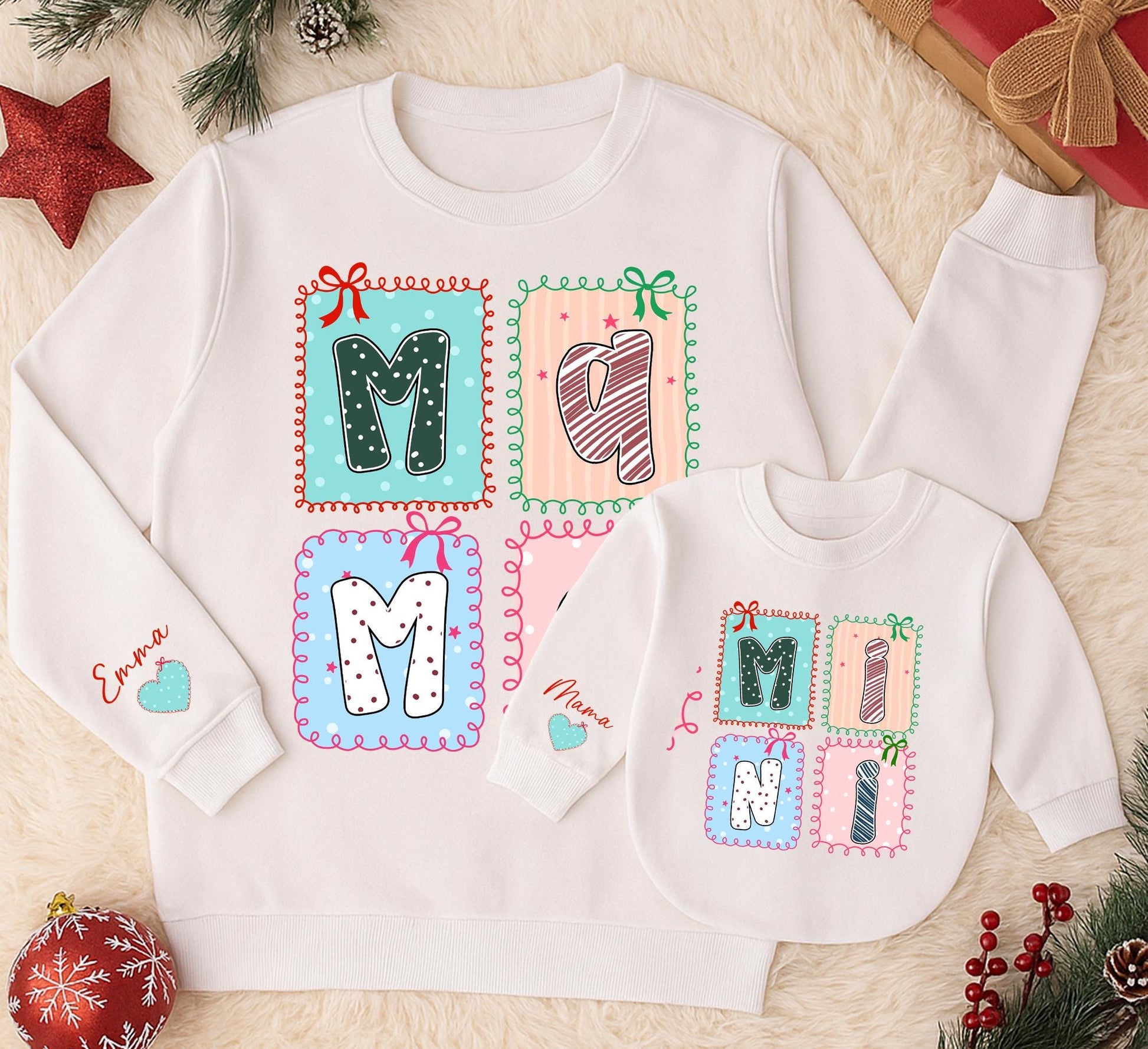 Personalized Mama and Mini Sweatshirt Whimsical Hand-Drawn Design Matching Family Outfit Baby Girl Kid Gift Christmas Holiday Cozy Comfort