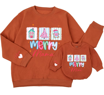 Cute Pastel Merry Mama and Mini Matching Sweatshirts for Christmas Family Outfits with House Tree Gingerbread Man Illustrations Pastel Pink Blue Green