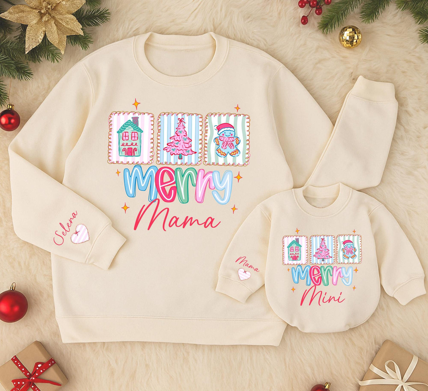 Cute Pastel Merry Mama and Mini Matching Sweatshirts for Christmas Family Outfits with House Tree Gingerbread Man Illustrations Pastel Pink Blue Green