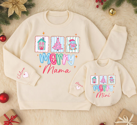 Cute Pastel Merry Mama and Mini Matching Sweatshirts for Christmas Family Outfits with House Tree Gingerbread Man Illustrations Pastel Pink Blue Green