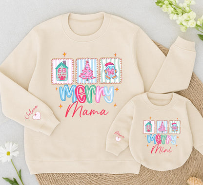 Cute Pastel Merry Mama and Mini Matching Sweatshirts for Christmas Family Outfits with House Tree Gingerbread Man Illustrations Pastel Pink Blue Green