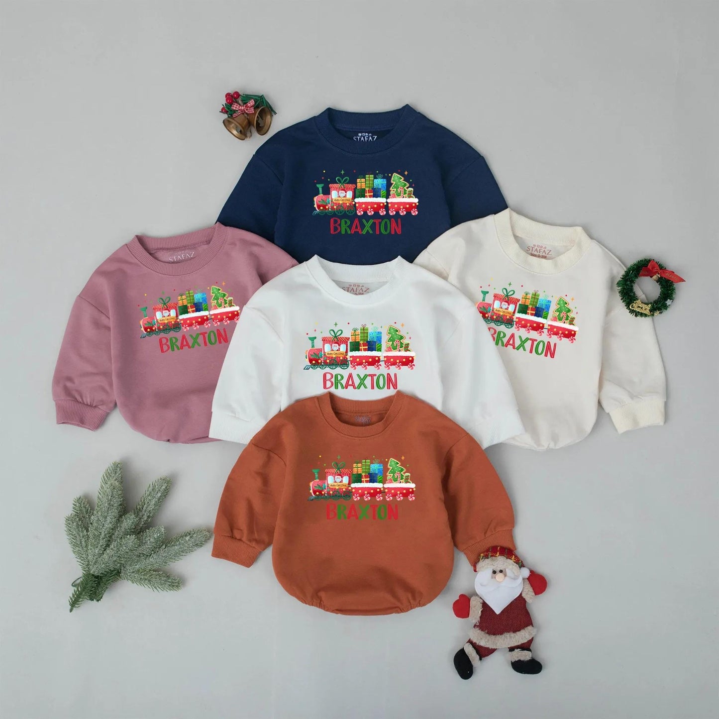 Braxton's First Christmas Train Romper: Personalized Holiday Baby Outfit, Xmas Newborn Gift, Cheerful Festive Toddler Sweatshirt, Christmas Party Favors