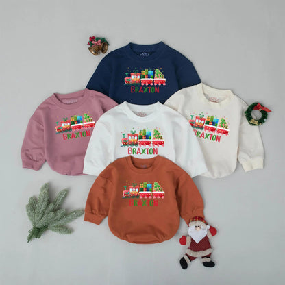 Braxton's First Christmas Train Romper: Personalized Holiday Baby Outfit, Xmas Newborn Gift, Cheerful Festive Toddler Sweatshirt, Christmas Party Favors